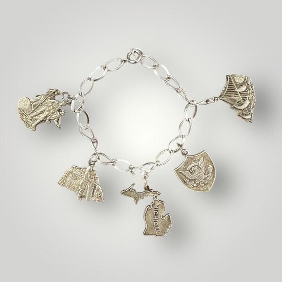 Vintage Sterling Silver Michigan Souvenir Charm Bracelet Bell Trading Post sz 7 - Picture 1 of 10